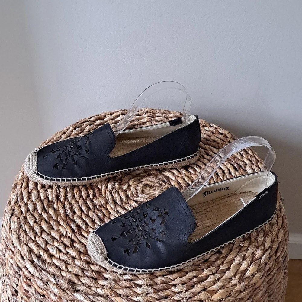 Soludos Womens Black Leather Perforated Design Front Flat Espadrille Loafers S-9